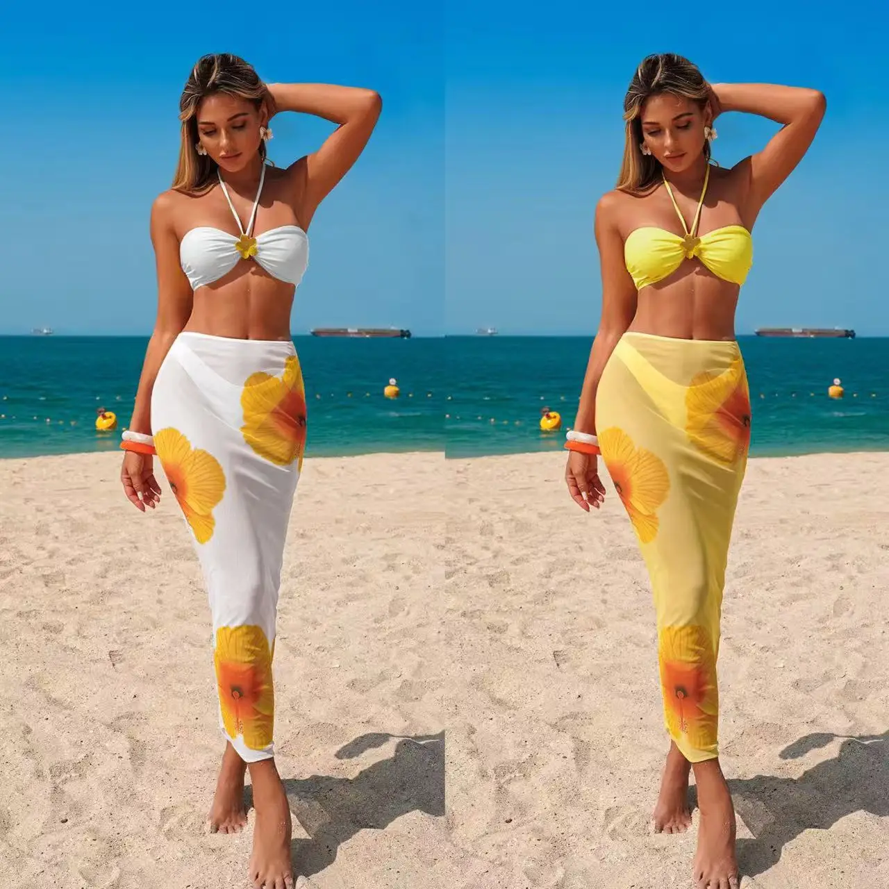 Nowy zestaw bikini z kwiatowym wzorem na rok 2026, damski strój kąpielowy 3-częściowy z wysokim stanem i długą spódnicą, seksowny mini trójkątny strój kąpielowy z odkrytymi plecami i stringami.