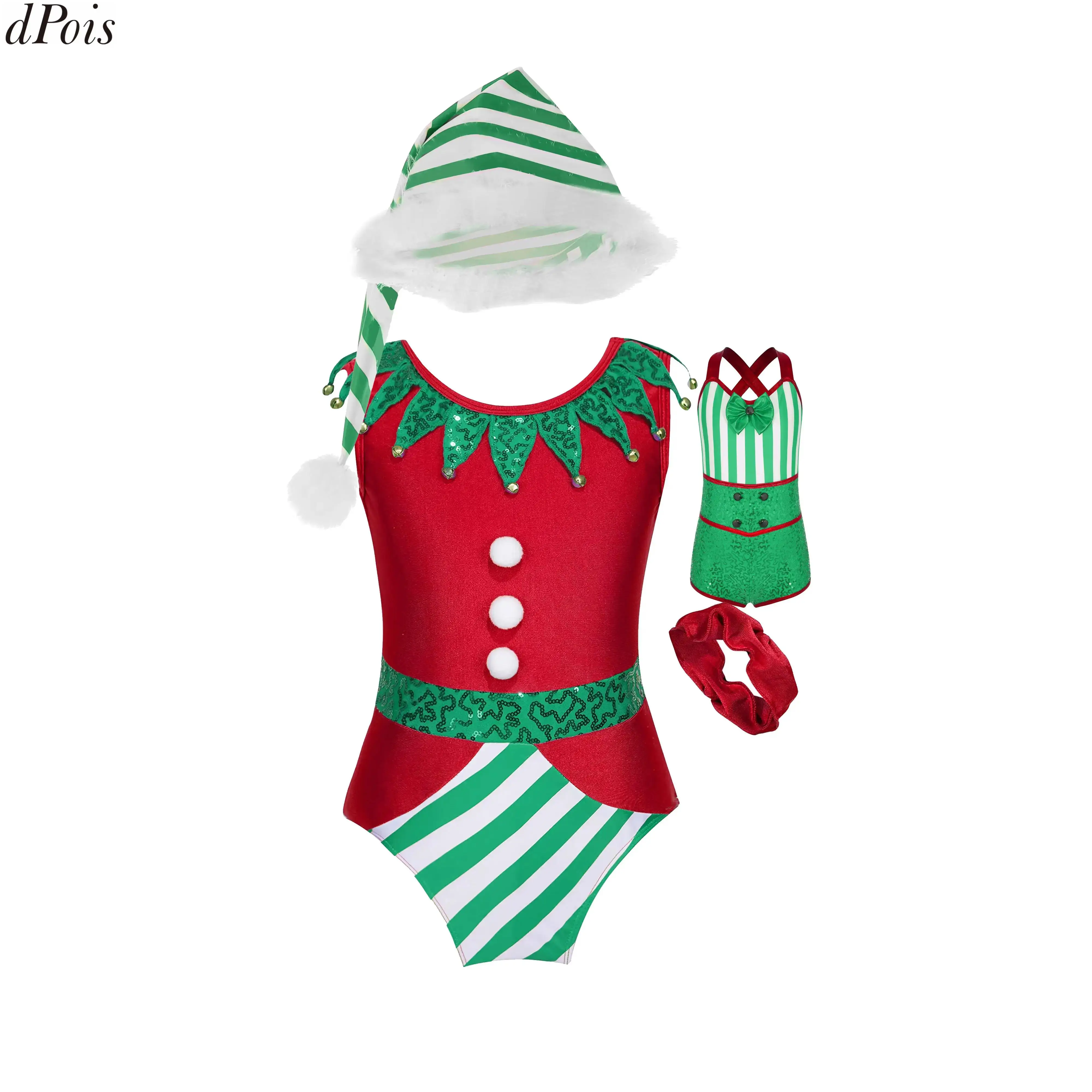 

Детский Рождественский костюм эльфа для девочек, Рождественский танцевальный гимнастический купальник, комбинезон, боди в полоску с блестками, шляпа Санта-Клауса, карнавальный костюм для косплея