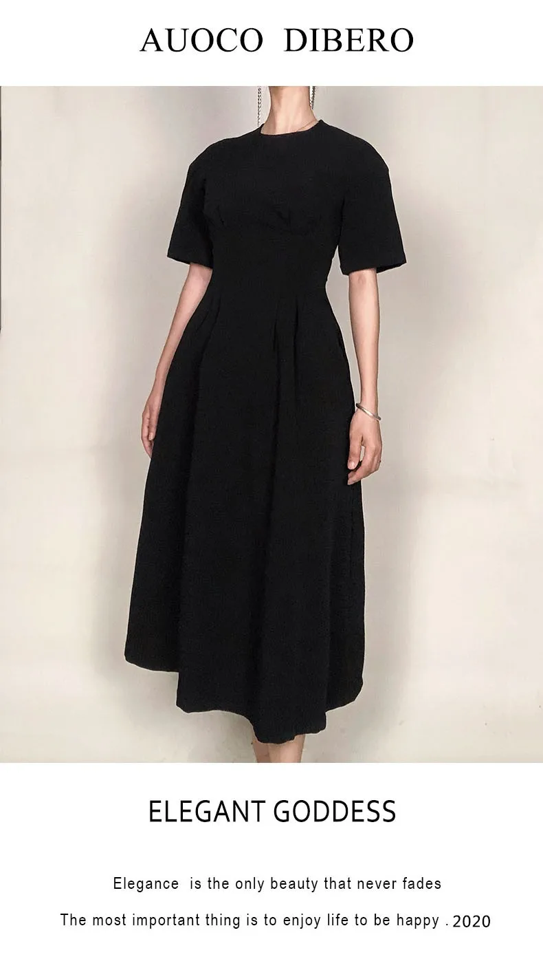 2023 Spring Women's New Black Round-neck Bubble Sleeve Waist Mid-length Hepburn Style Dress All-match Skinny Annual Meeting Dres