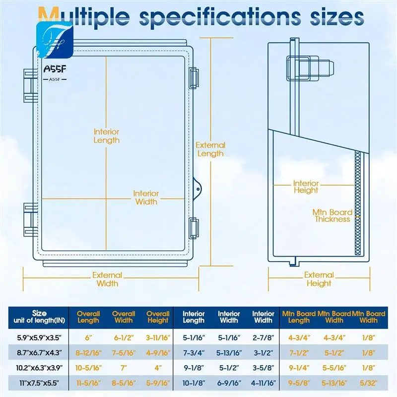 

A55F-Водонепроницаемый наружный проект Распределительная коробка из АБС-пластика IP67 Всепогодный пылезащитный корпус с навесной крышкой, монтажная пластина