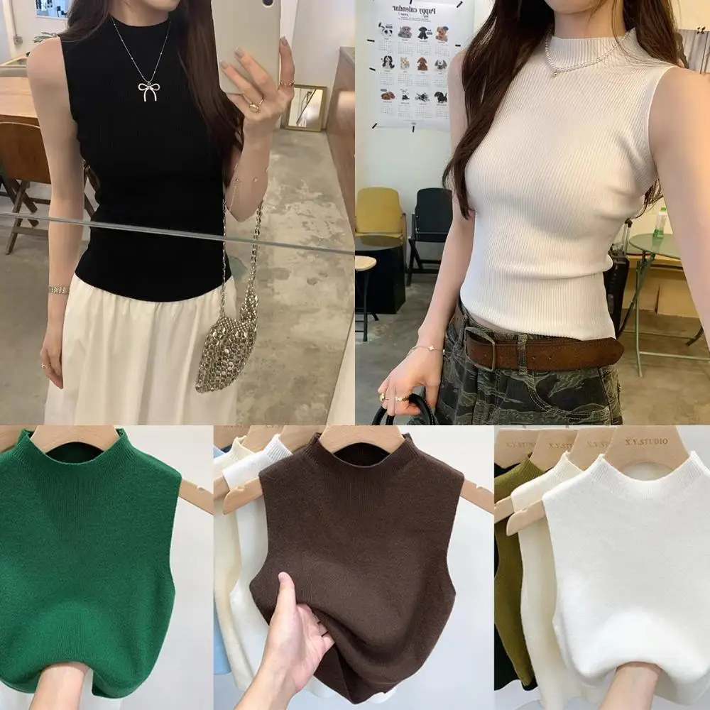 ファッション女性のベストニットタンクトップ春秋ノースリーブハーフタートルネックブラウスシャツ秋セータープルオーバー Tシャツ