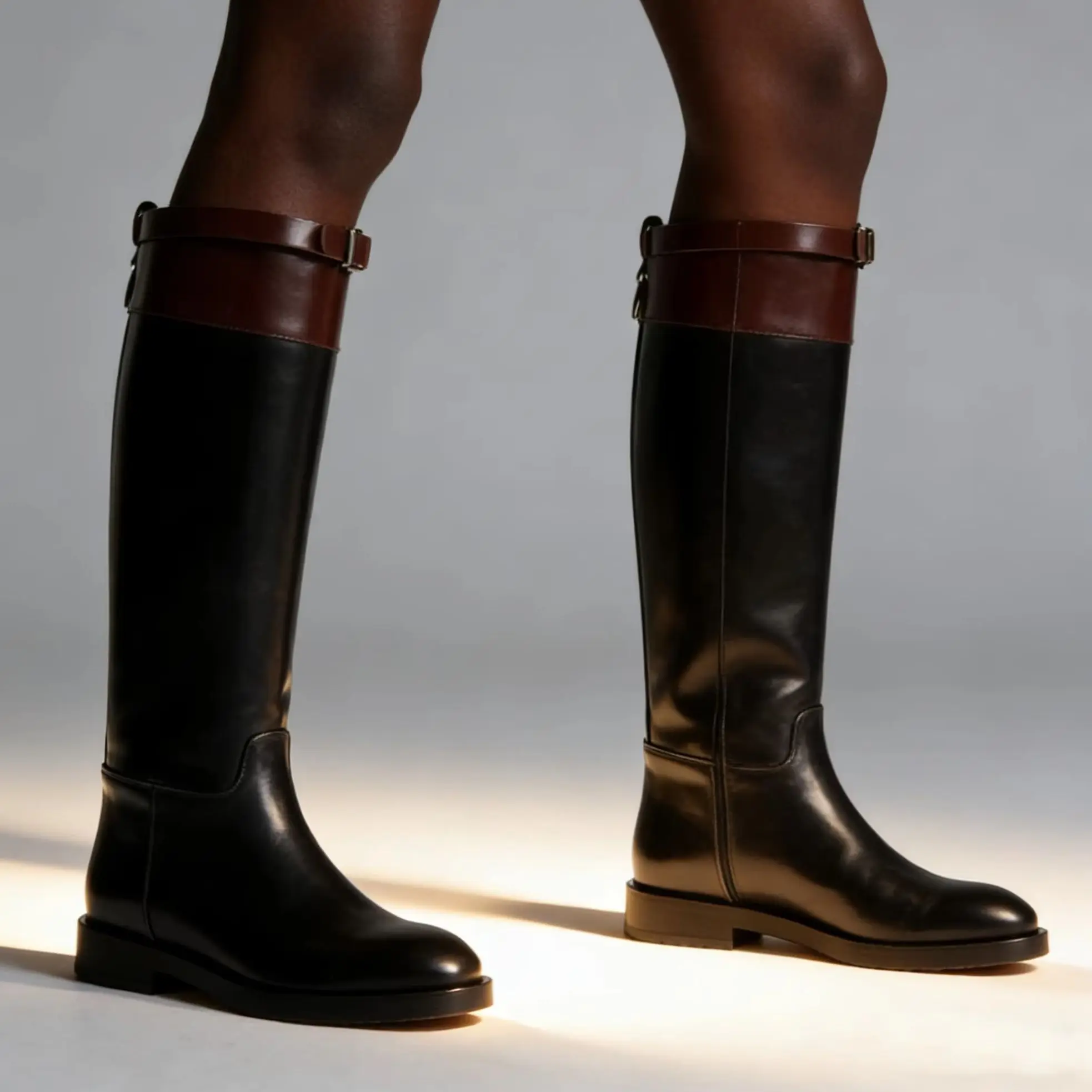 

Women's Black Knee High Riding Boots Fashion Color Block Flat Heel Long Boots Leather Slip-On Round Toe Boots Outdoor Boots