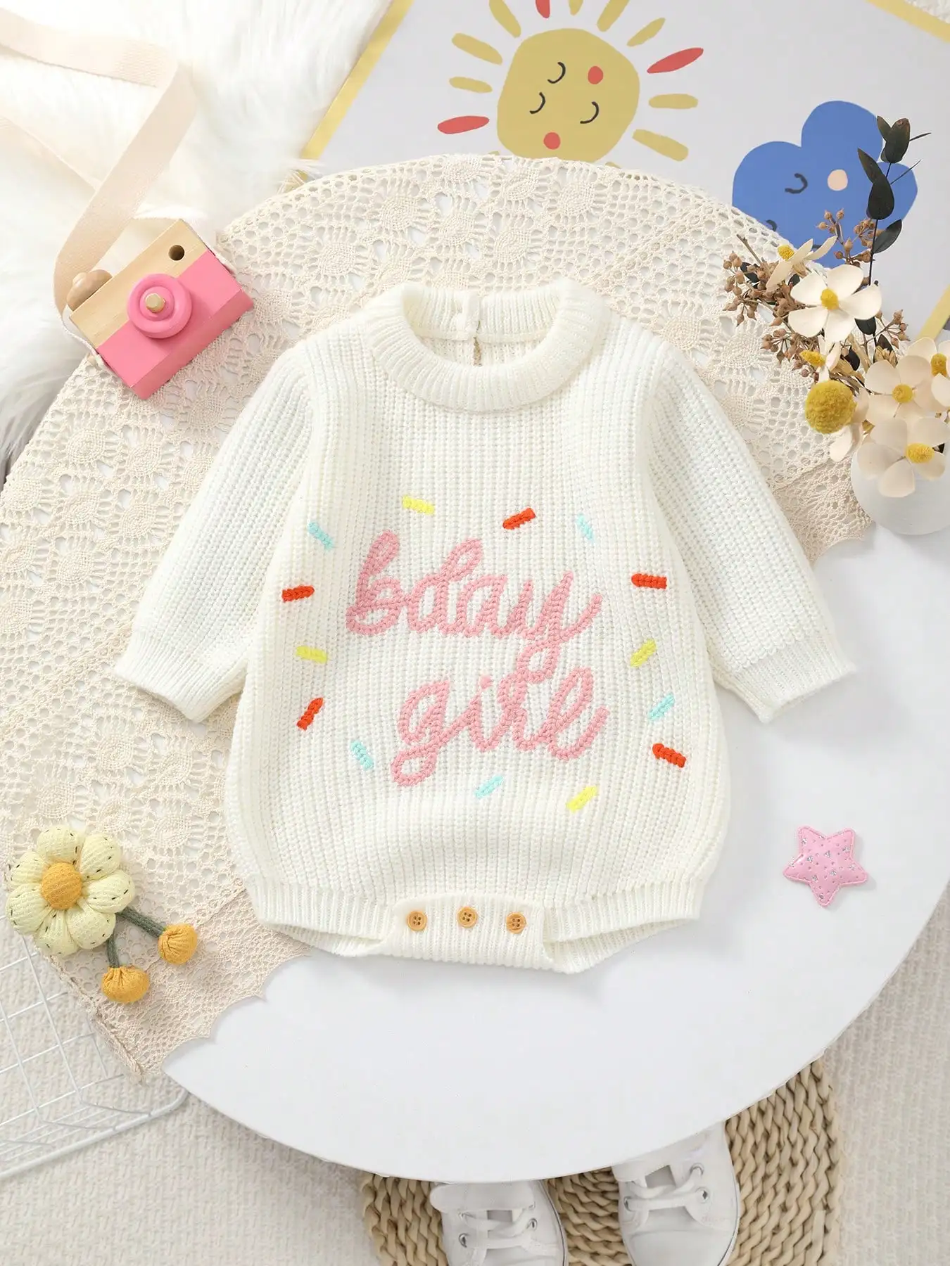 Sweet Knitted Sweater for Baby Girls with Dopamine Elements and Letter Embroidery, Long-Sleeve Romper Bodysuit