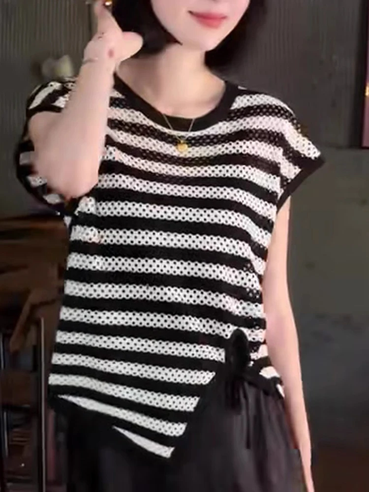 

Дышащий круглый трикотаж Ne в полоску ort Sve, женский корейский летний повседневный утягивающий дизайн, Sensation Poem Art Lin