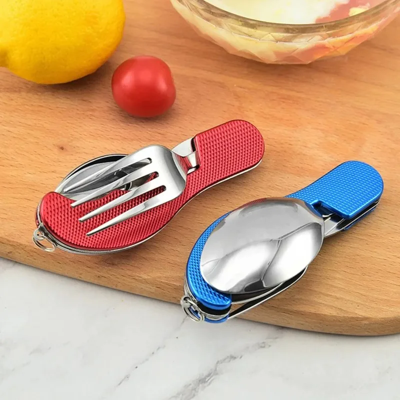 Cuchara para exteriores, tenedor, cuchillo, juego combinado plegable portátil de acero inoxidable, cubiertos, multiherramienta, utensilios de cocina para acampar, cubiertos para acampar al aire libre
