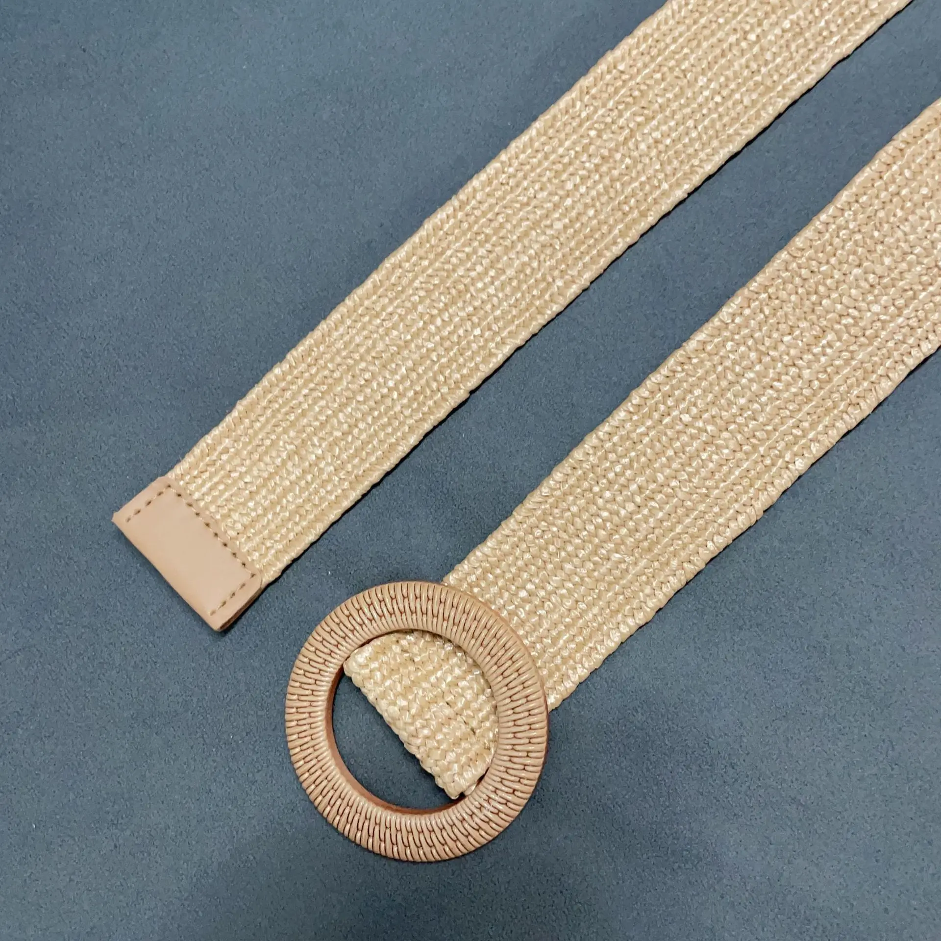 New Arrival Simple, Versatile Straw-Woven Women’s Belt with Round Buckle Stretchy Cotton-Linen Elastic Belt for Dresses