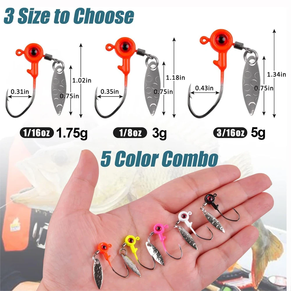 10Pcs Fishing Jig Heads Underspin Spinner Blade 3D Eyes Painted Fishing Lure Crappie Jig hooks for Bass Walleye Trout Fishing