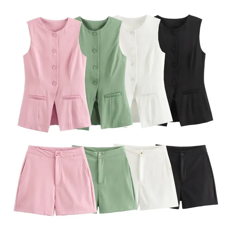 Frauen Kurz anzug Sommer neue V-Ausschnitt Einreiher Slim-Fit Weste Tops mit Shorts Mode 2 Stück Sets Damen Outfits elegant