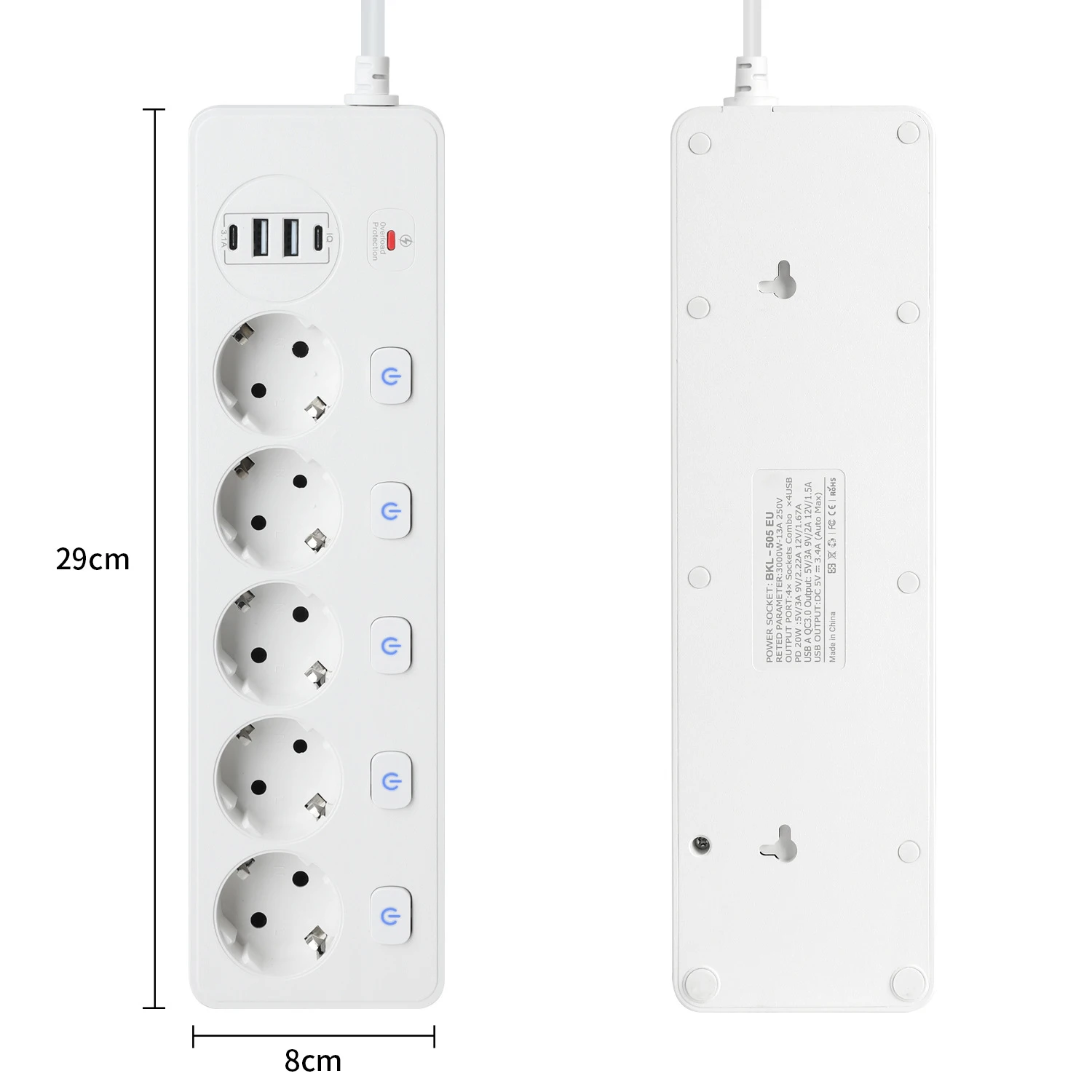 European Style Smart Power Strip with Multi USB Port Type-C 5 Outlets Socket with Overload Protection and Independent Switches