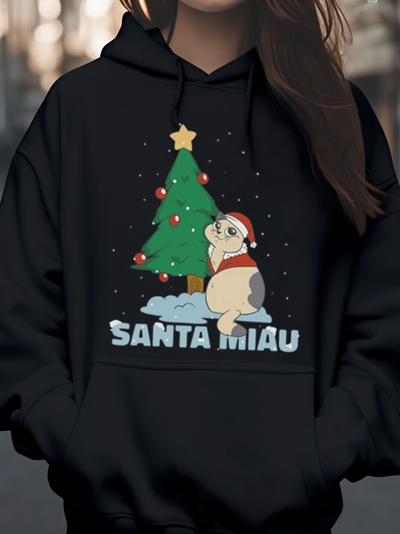 

Толстовка с принтом «Кот Санта-Муу» и рождественской елкой, праздничная повседневная женская одежда