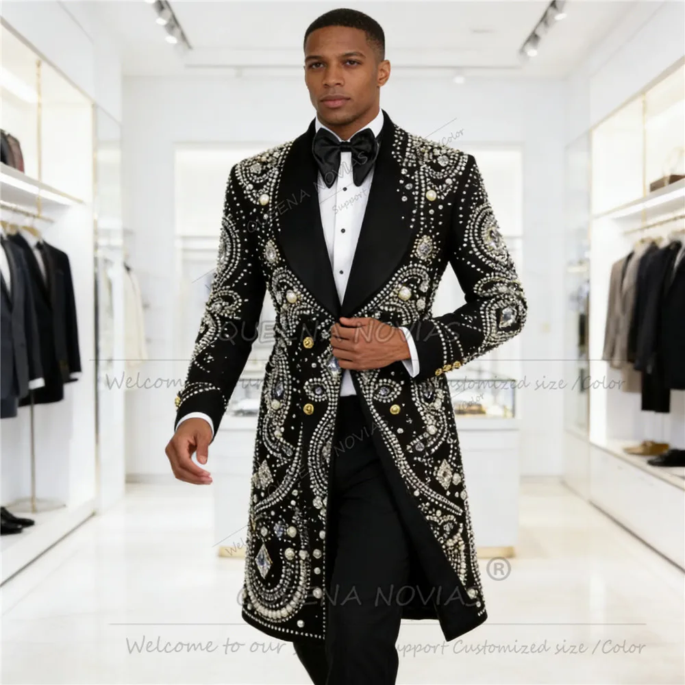 Brilliant Rhinestones Beaded Wedding Tuxedo Suit Attire Customized Peaked Lapel Prom Blazers Long 2 Pieces Groom Ropa hombre