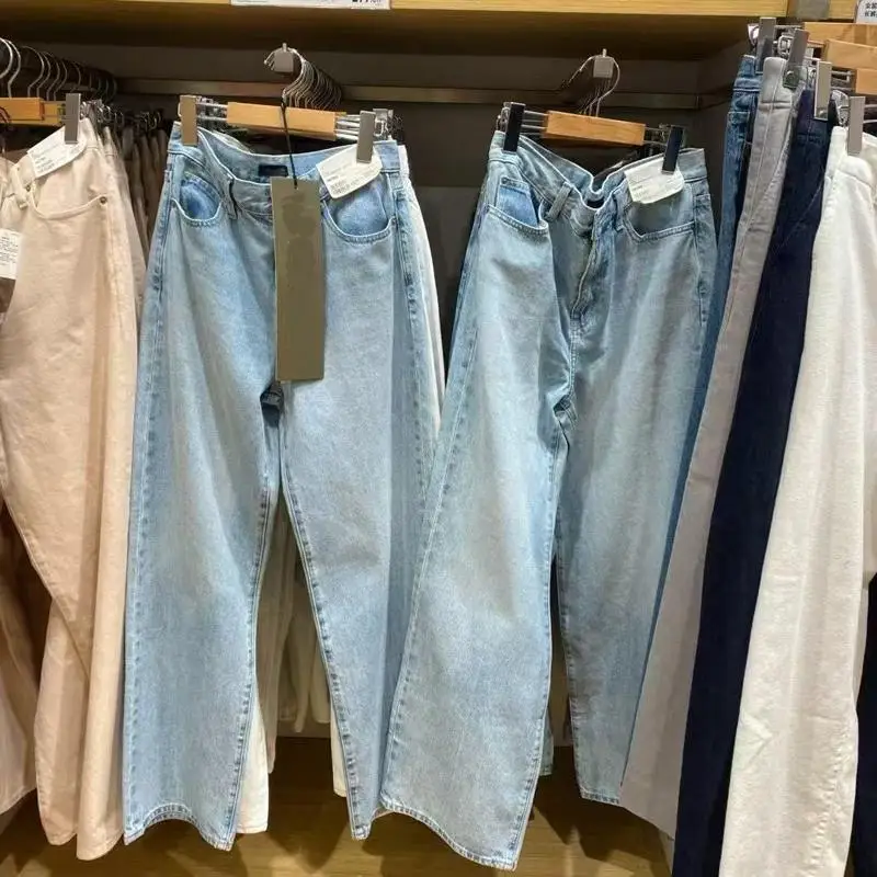 

Женские повседневные джинсы свободного прямого кроя с высокой талией, длинные, весенние, новые, M474934, с эффектом потертости, широкие брюки