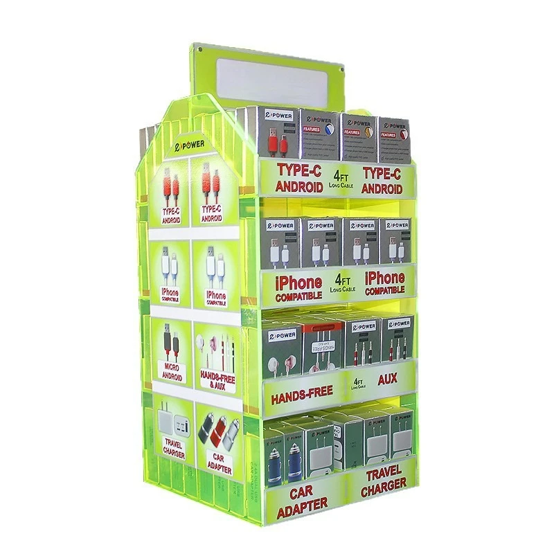 

Fluorescent orange acrylic mobile phone accessories display stand, multi-layer inkjet data audio cable display stand