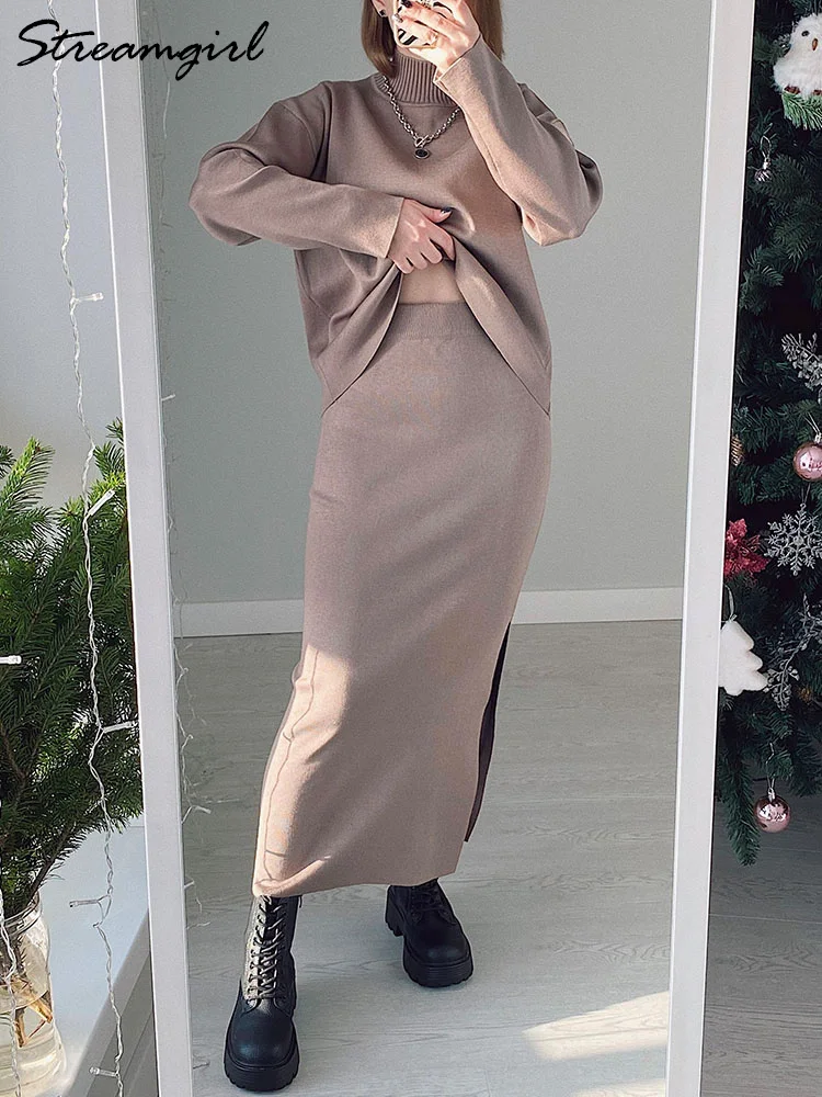 Camel Skirts And Top Sets For Women Knit Two Peice Bodycon Skirts With Slit 2 Pieces Sets Women Outfit Sweater And Skirt Set