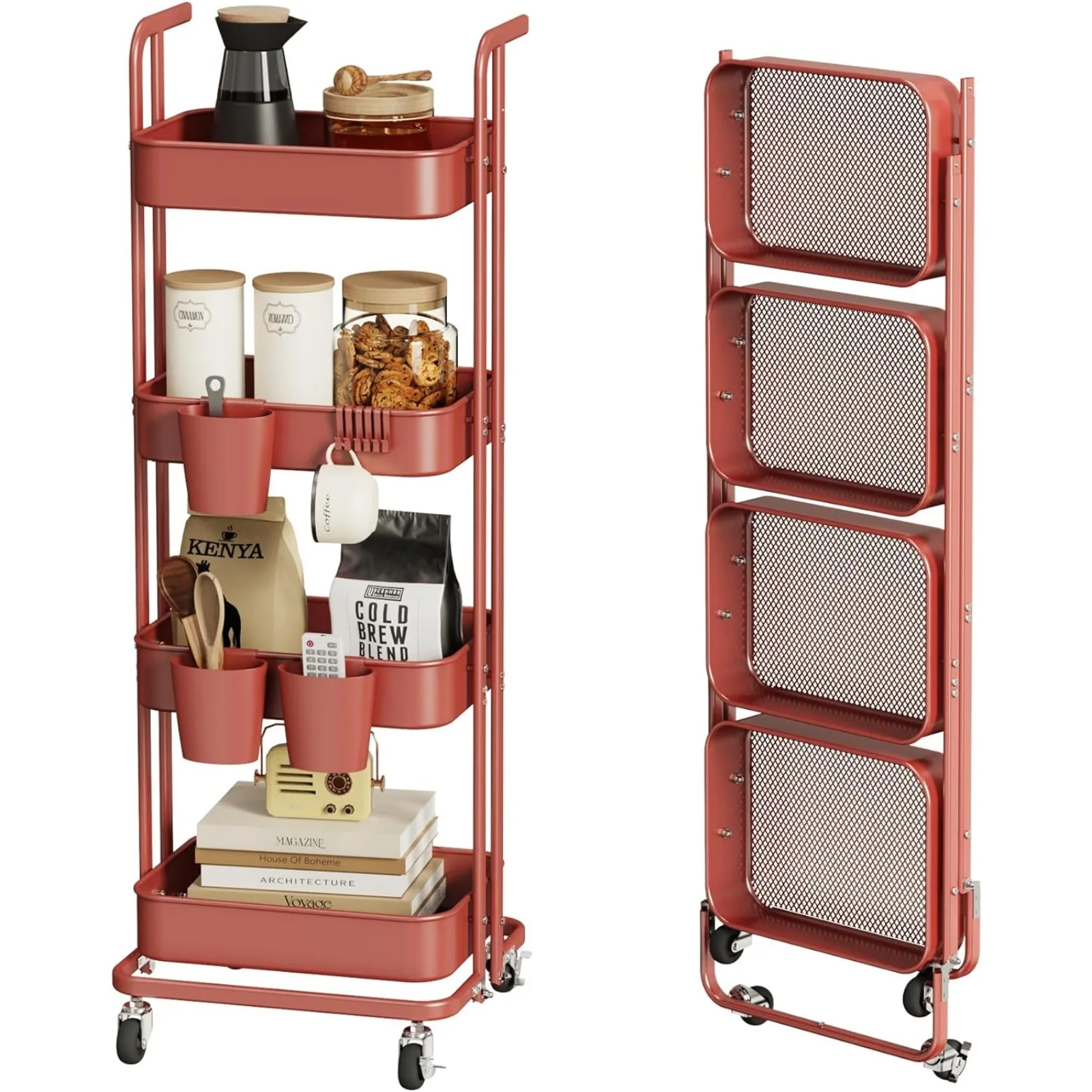 

US 4 Tier Foldable Rolling Cart, Metal Utility Cart with Wheels, 3 Hanging Cups and 6 Hooks, Folding Trolley for Living Room