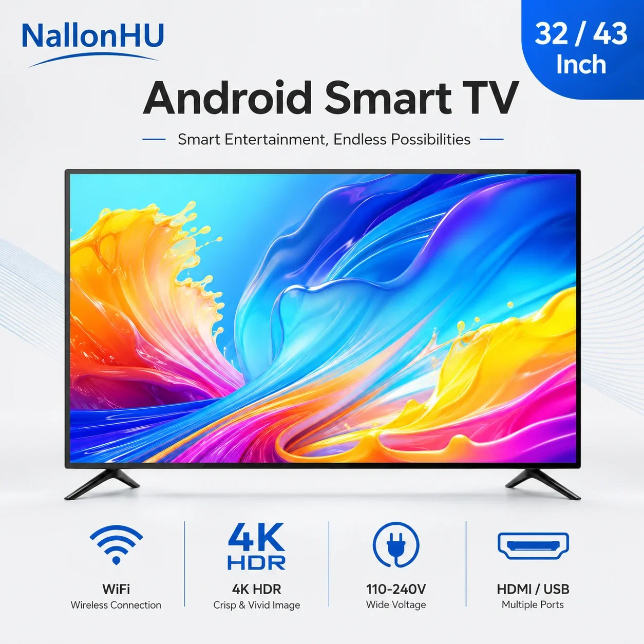32 43 Inch Android Smart TV LED Television WiFi Flat Screen 1080P 4K UHD Home Hotel Display Global 110-240V HDMI USB TV