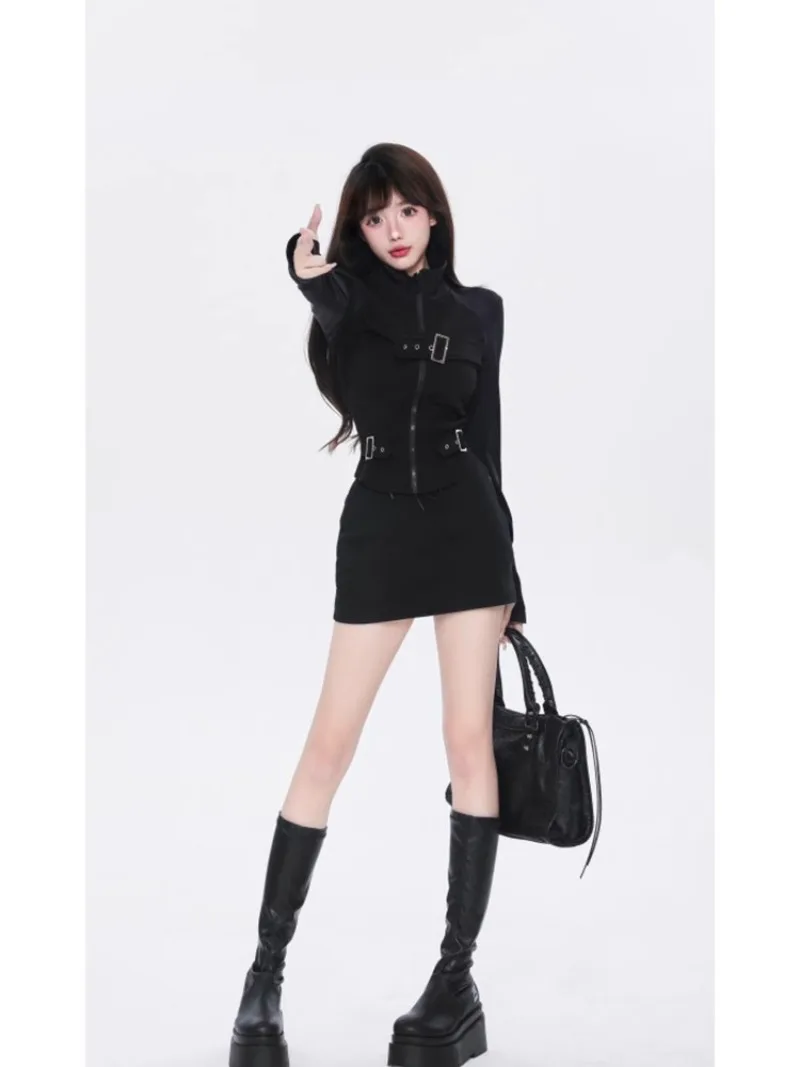 Spicy Girl Fashion Motorcycle Top Hip Wrap Skirt Two-piece Set Women Stand Collar Zipper Solid Cool Slim Autumn Casual Lady Wear