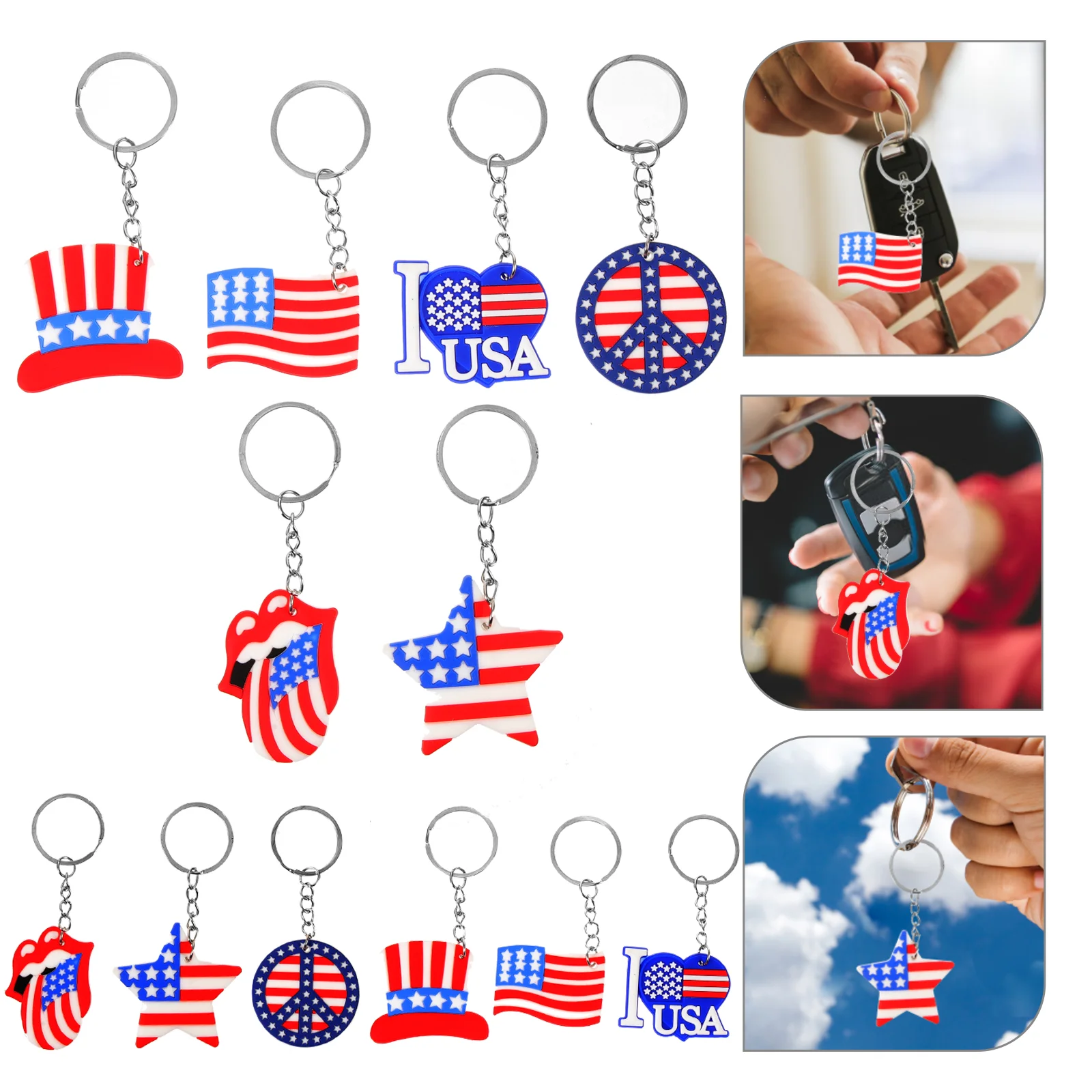 12 Pcs American Flag Keychain Independence Day Holiday Party Ornaments 12pcs Random Style Keyring Usa Souvenirs Patriotic