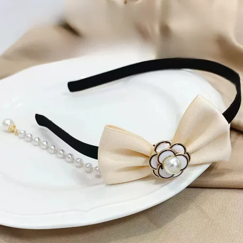 Imagen 2 del producto Diademas con lazo de tela coreana para mujer, diademas con borlas de perlas y flores de Camelia, accesorios para el cabello a la moda