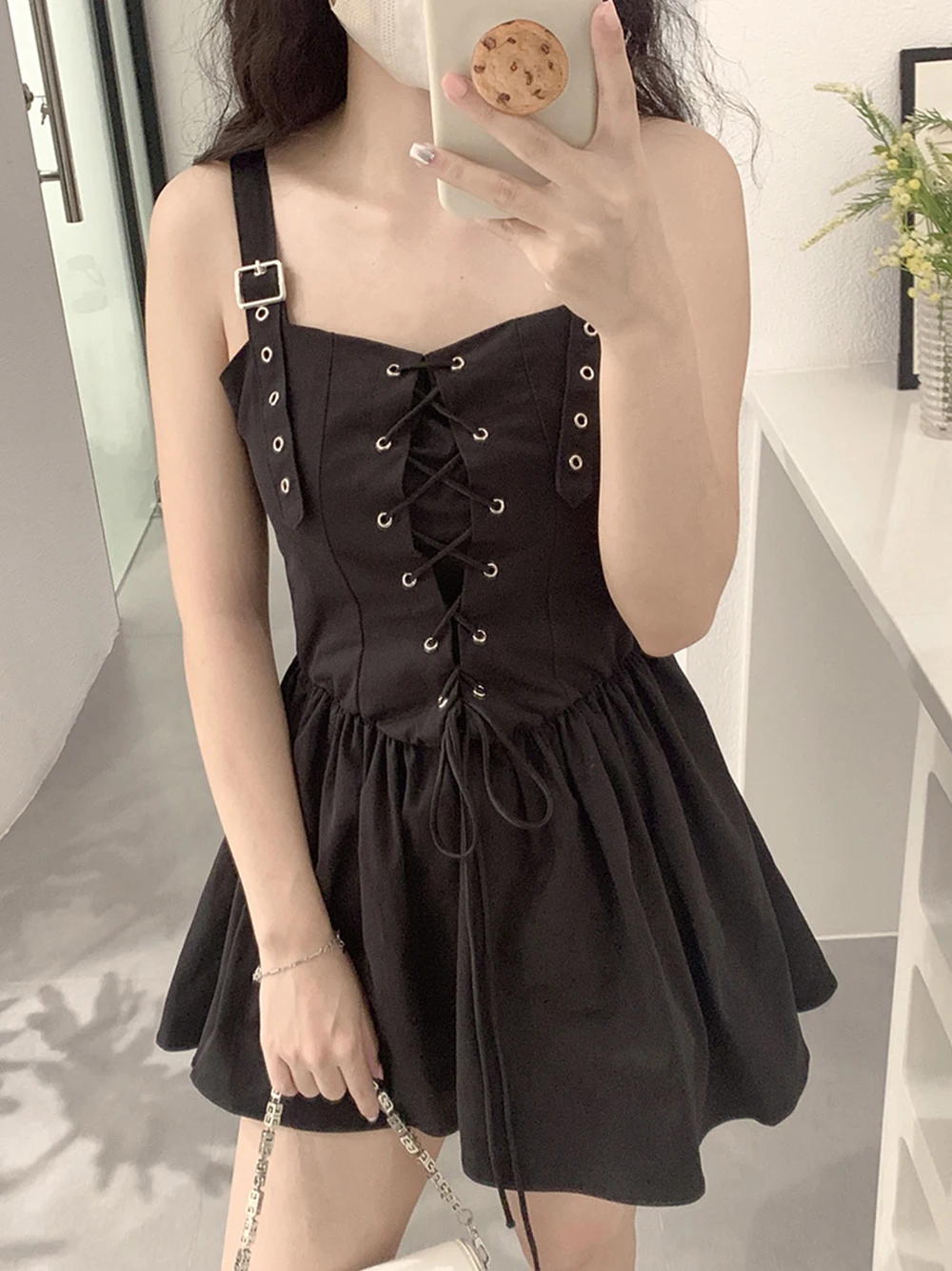 스파이시 걸 고품질 드레스 여성용 레이스업 허리 조절 슬리밍 패션 솔리드 컬러 A라인 민소매 오버올 드레스