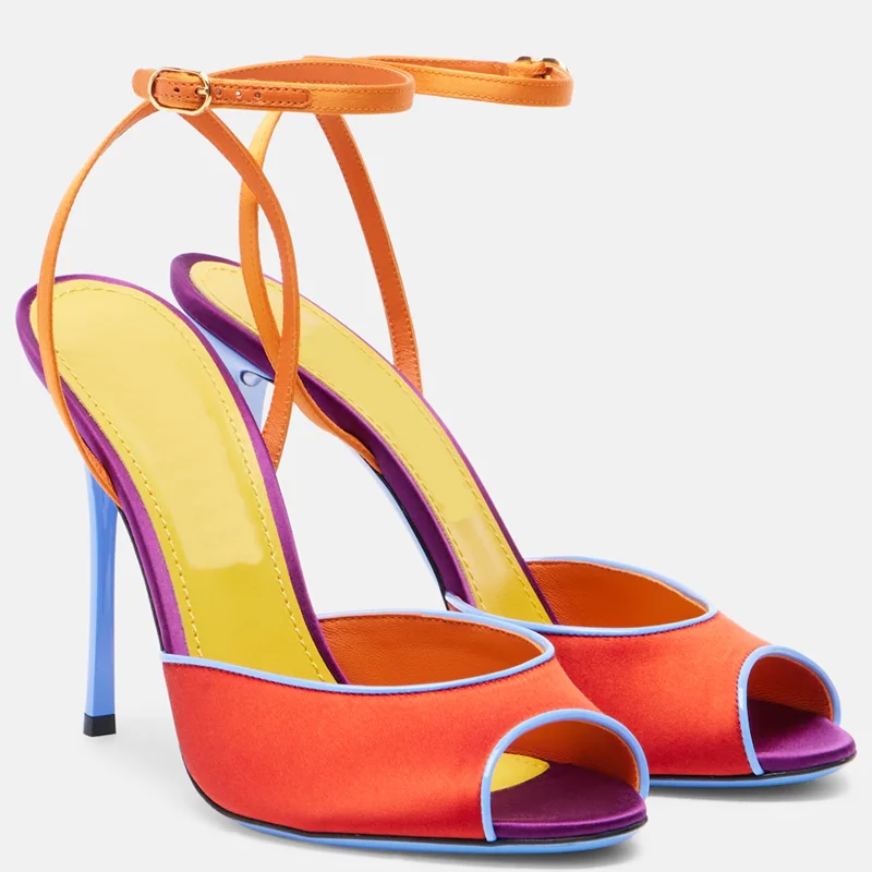 

Satin Mixed Colors Peep Toe Sandals Sexy Round Toe Thin Heel Back Straps Customized New Arrivals Fashion Women Modern Shoes