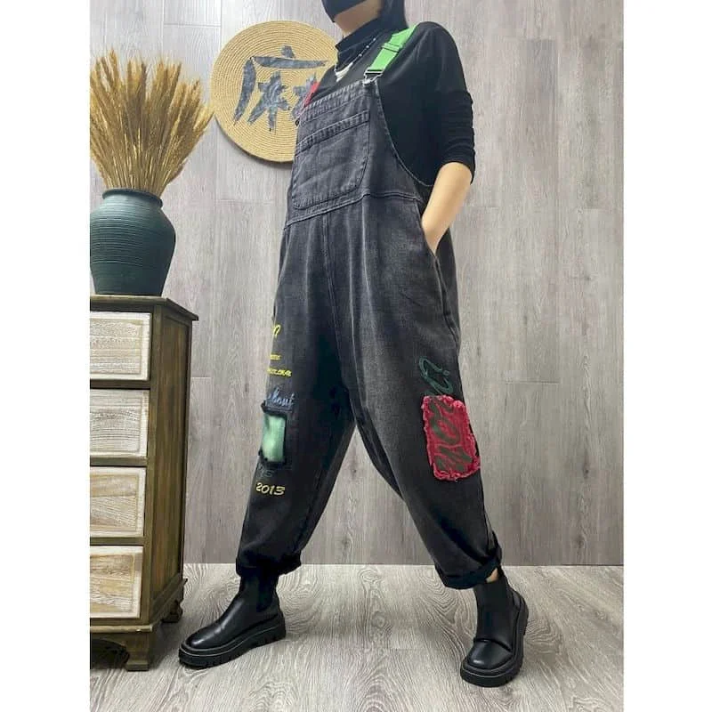 Kombinezony jeansowe z blokami kolorów, patchworkowe, jednoczęściowe stroje, damskie rampersy, luźne, w stylu koreańskim, casualowe, vintage, kombinezony damskie, odzież damska. — zdjęcie 5