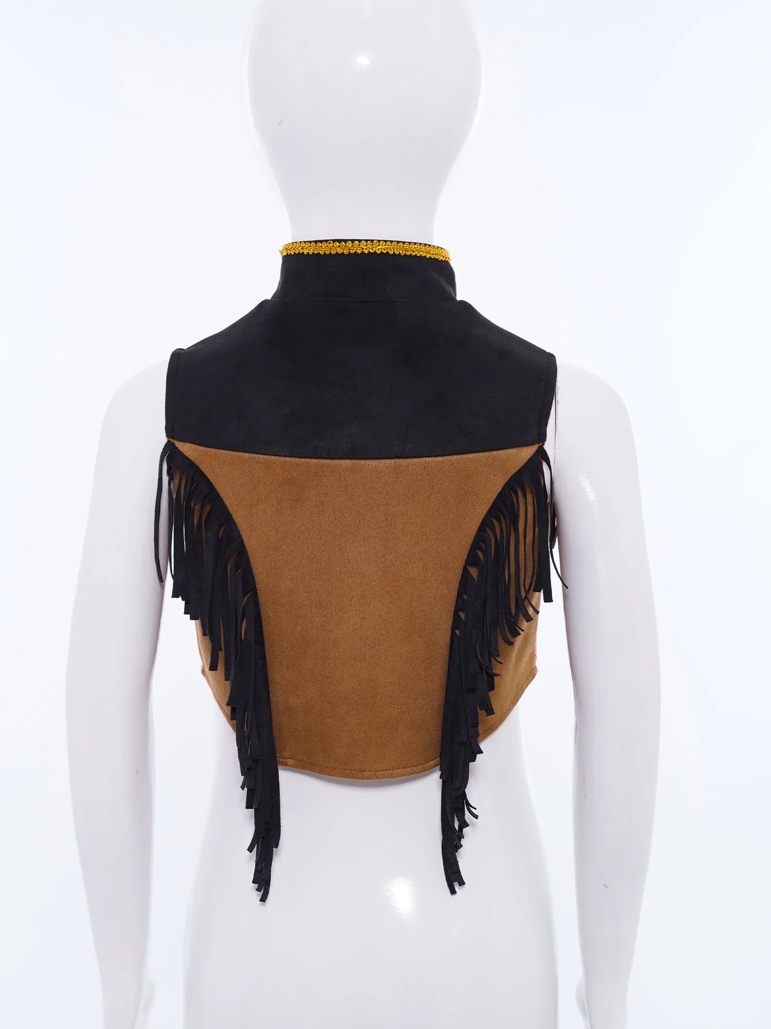 Girls Cowgirl Outfit Color Block Vest Gold Fringe Details Press Button Front for Halloween Cosplay And Everyday Dress Up