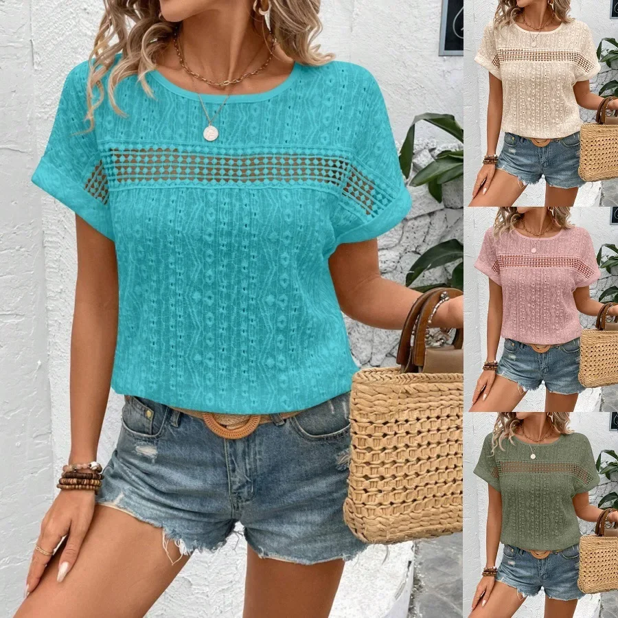 

Women's Summer Blouse Fashion Elegant Short Sleeve Hollow Out Shirts Casual Solid O-Neck Loose Shirt Plus Size Tops 2025 Clothes