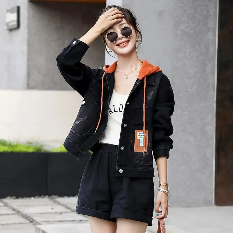 

Denim Coat Female Dark Color 2022 Spring And Autumn New Hooded Contrast Color Loose Casual All-Match Fashion Jacket Cardigan W06