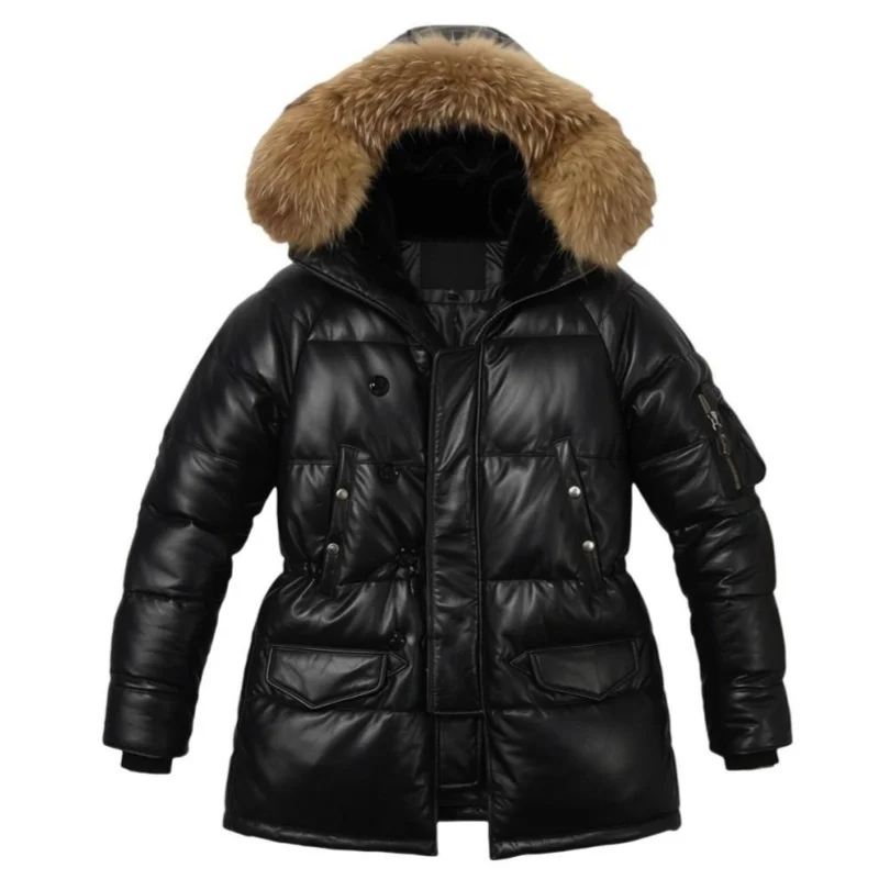 Black Hooded Winter Down Jacket Men Casual Style Plus Size 5XL Genuine Natural Thick Cowhide Turn-Down Collar Leather Coat