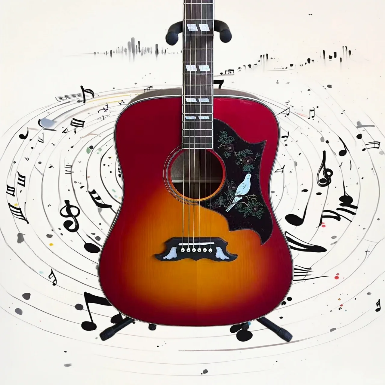 Free Shipping Doves Acoustic Guitar Red Sunburst Folk Guitar Wood Guitar Dove Pattern Pickguard Stage Display