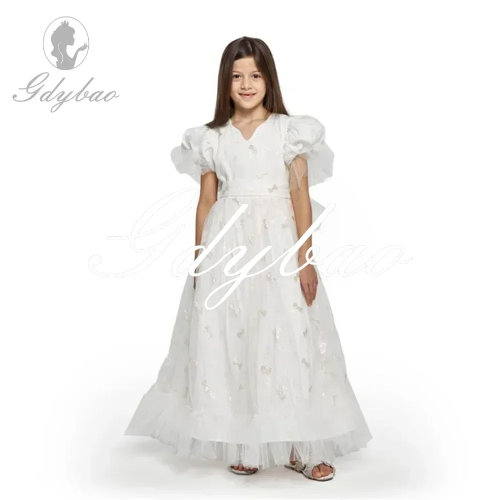 

V Neck Short Sleeve Shiny Sequined Luxury Wedding Flower Girl Dress Ankle Length Classic First Communion Gown Customized 2024