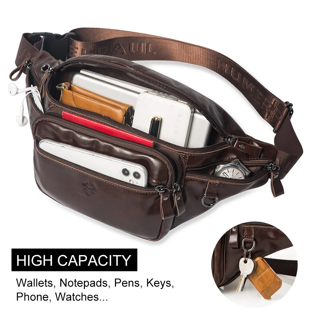 KAVIS Genuine Leather Fanny Pack Waist Bag Multi-Pockets Waist Belt Bag Large Capacity Chest Bags for Hiking Running And Cycling