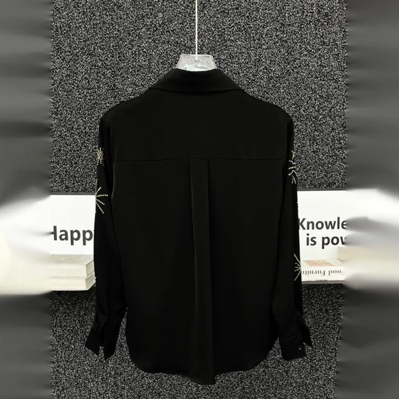 WVGA Summer New Man High-end Satin Diamond-studded Loose-fit Long Sleeve Shirts Niche Chic Casual Dark Shoulder Pads Tops W23624
