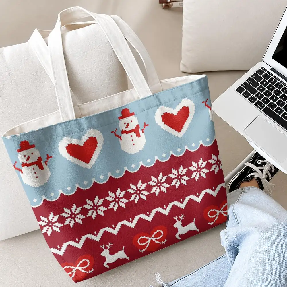 Christmas Stripes Storage Bags 2PC Printed Canvas Shopping Bag Set with Zipper Pouch Foldable Tote for Daily Use