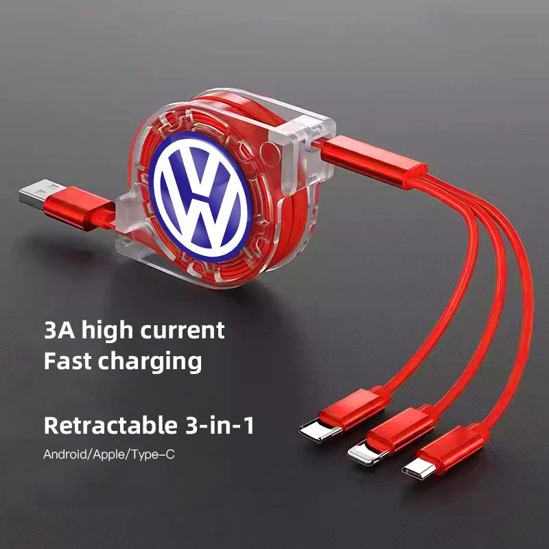 Car Three-in-one Data Cable Retractable Charging Cable For Volkswagen VW RLine Golf Amarok T5 Phaeton ID3 Tiguan T-Cross Passat