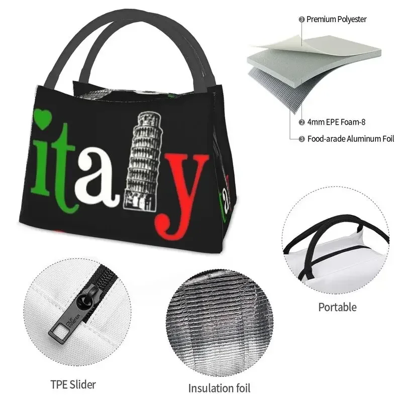 Italian Italy Flag Portable Lunch Boxes Leaning Tower Cooler Thermal Food Insulated Lunch Bag Travel Work Pinic Container