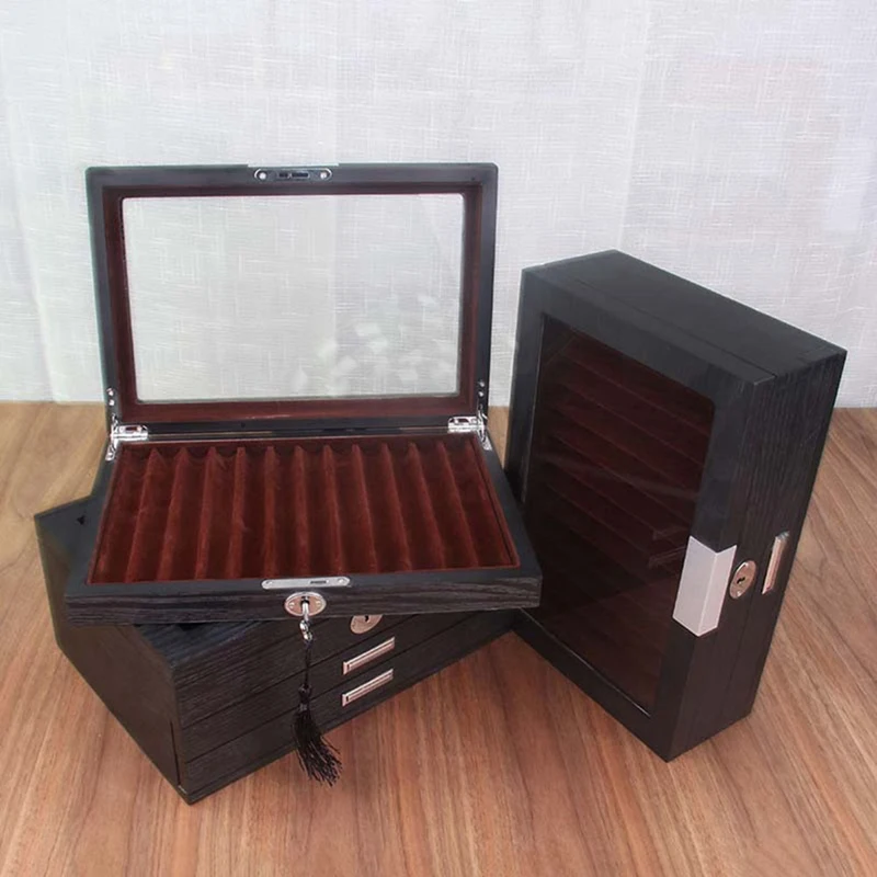 1 PCS Wood Pen Display Box Transparent Window Fountain Storage Showcase Organizer-Collection 12 Slots