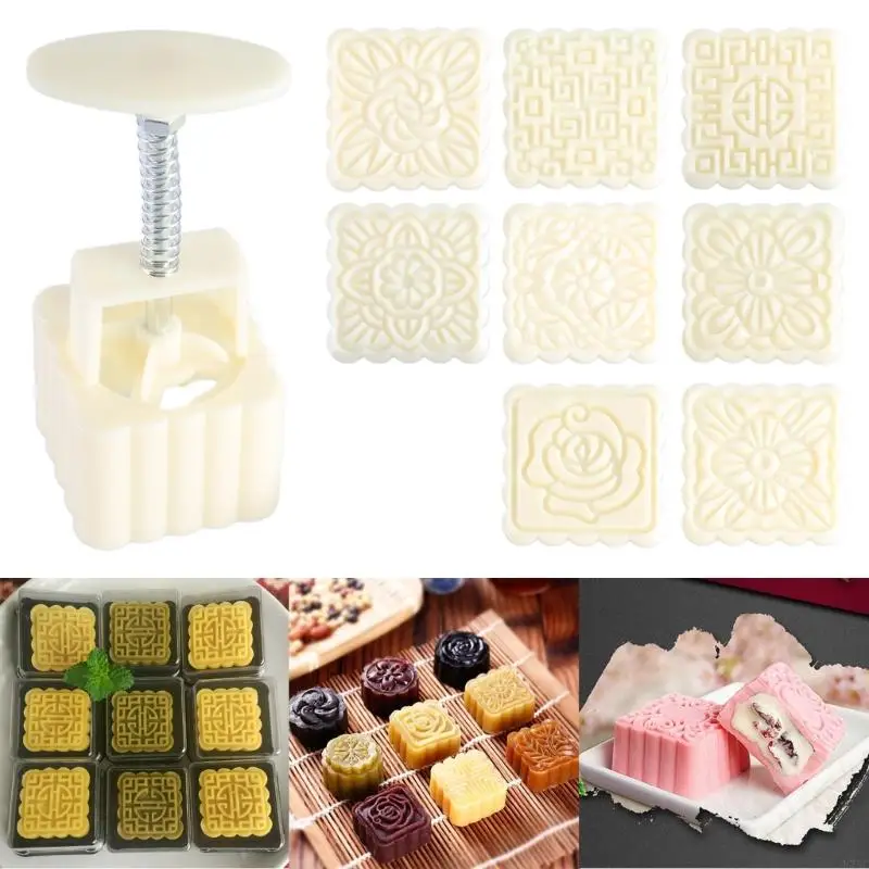U75C 100g Mooncake Barrel Mold with 8pcs Square Flower Stamps Hand Press Moon Cake Pastry Mould DIY Bakeware