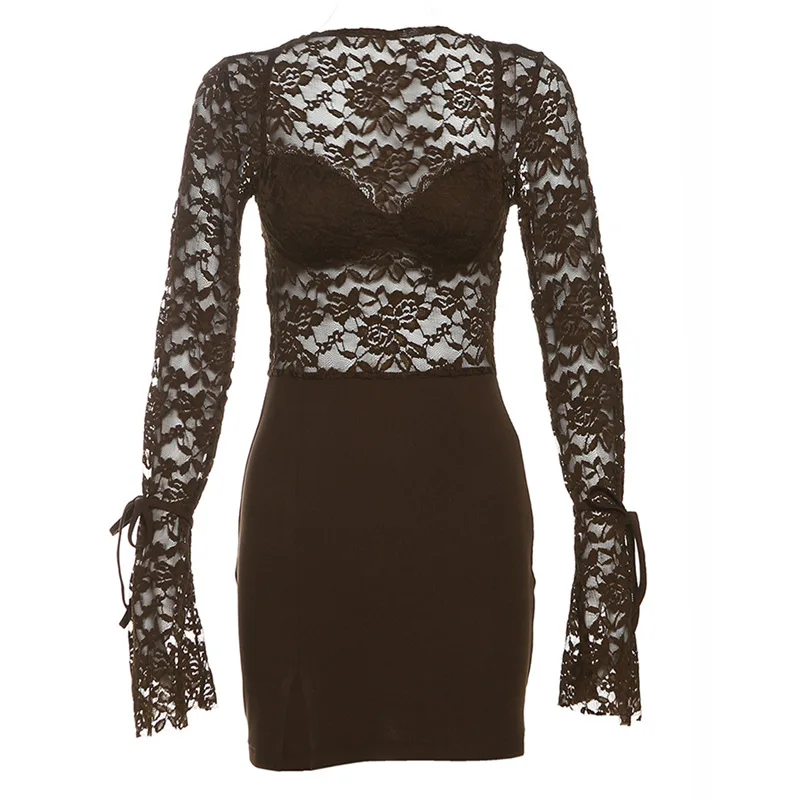 Abito trasparente a maniche lunghe con collo quadrato alla moda a vita alta da donna autunno inverno europeo e americano