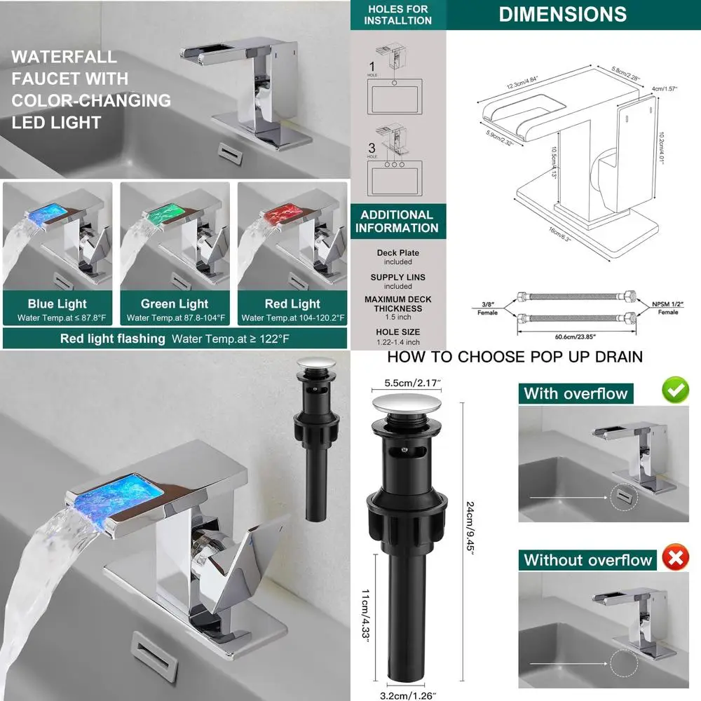 

Polished Chrome LED Waterfall Faucet, Single Lever Sink Mixer with 3-Color Light, 1-Hole, Includes Pop-Up Drain & Stainless Stee