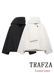 TRAFZA Casual Oversized Solid Scarf Women Jackets Single Breasted Pockets Thick Short Coats Fashion 2024 Autumn Winter Outwears