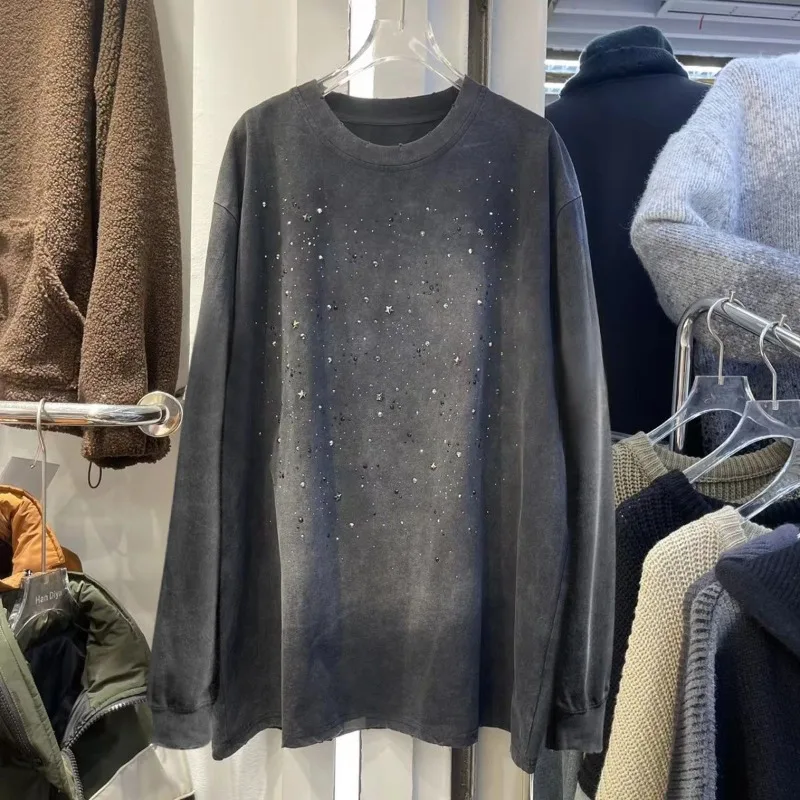 

Retro Full-diamond Loose Long-sleeved T-shirt Women's Autumn Design Round Neck Versatile Casual Top