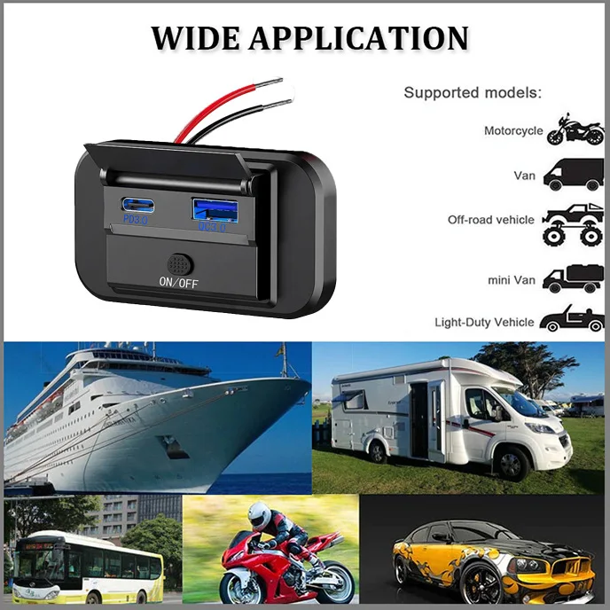 PD QC3.0 مقبس شاحن السيارة شحن سريع 12 فولت/24 فولت للدراجات النارية السيارات شاحنة ATV RV حافلة المزدوج USB محول الطاقة المخرج مع تشغيل/إيقاف