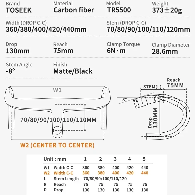 TOSEEK Road Bike Handlebar Full Carbon Hidden Line Integrated Handlebar 360/380/400/420/440mm Carbon Gravel Bicycle Drop Bar