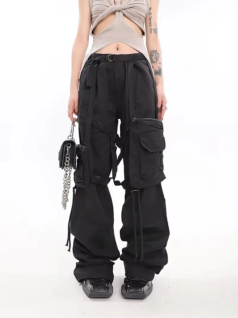 27-46 2026 roupas masculinas femininas originais estilo yamamoto fita multi bolso cintura alta calças largas perna macacão trajes tamanhos grandes