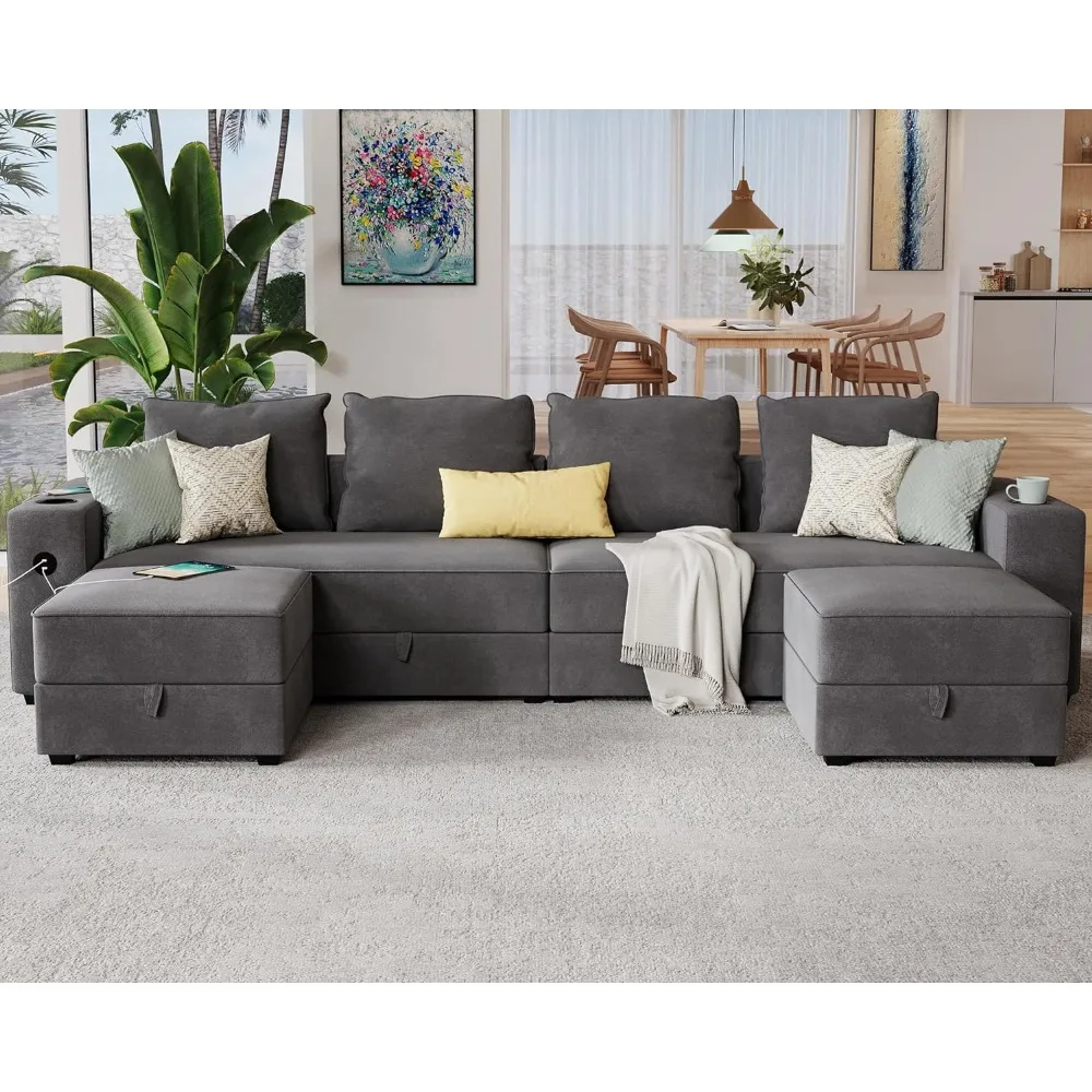 

Sectional Sofa, 114 Inch Modular Sectional Sofa with 2 USB Ports & Cup Holders, 6 Seats U Shaped 4 Pieces Set Sectional Couch