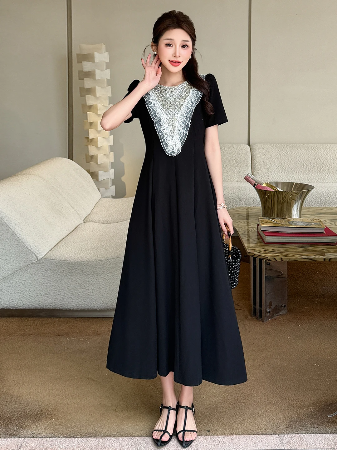 

Elegant Sequin Lace Patchwork Midi Dress Women's Summer New Waist Cinching Slimming A-Line Skirt French Style Soft Fabric