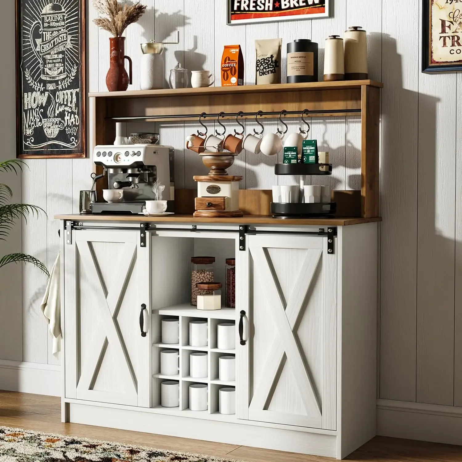 Farmhouse Coffee Bar Cabinet with 6 Hooks, 47'' Kitchen Coffee Bar with Hutch and 9 Wink Racks, White Coffee Bar Table with Slid