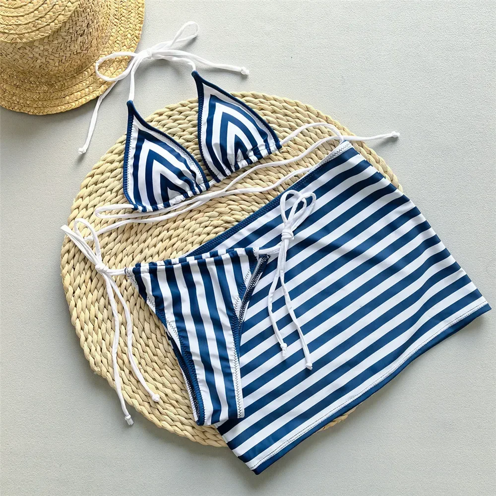 

Blue Striped Print String Halter Micro Bikini Thong Sexy Swimsuit Cover Ups Women Holiday Swimwear Beach Wear Bikinis Sets 2025